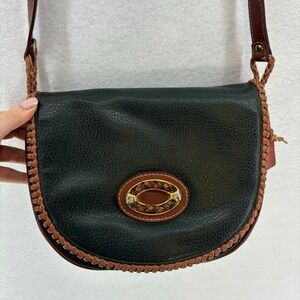 Vintage Genuine Leather Trim Crossbody Bag Dark Green Brown Braided Boho Saddle